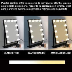 Espejo Tocador LED con 12 Luces - 3 Tonos de Luz - Maquillaje Profesional USB 360°
